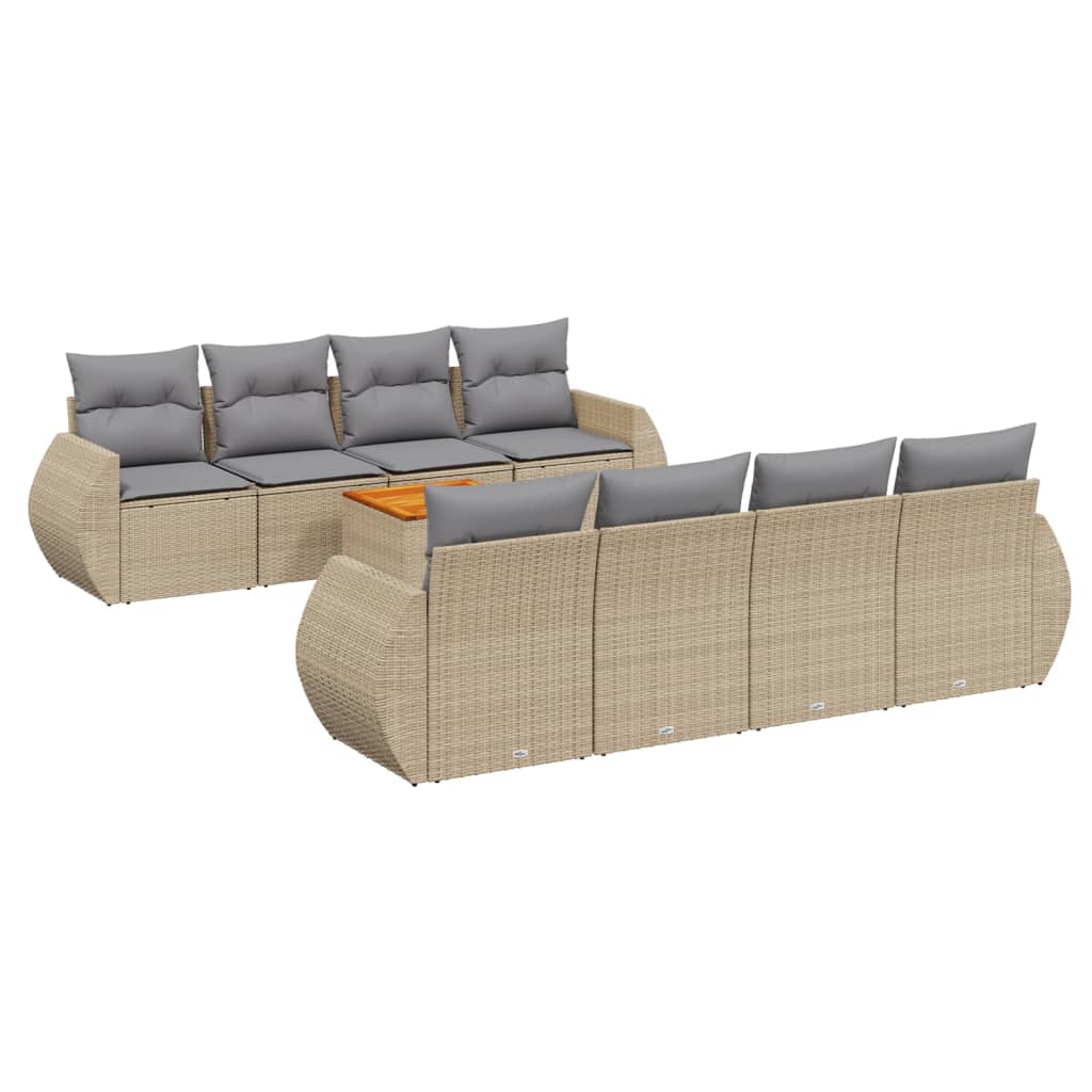 9-delige Loungeset met kussens poly rattan beige