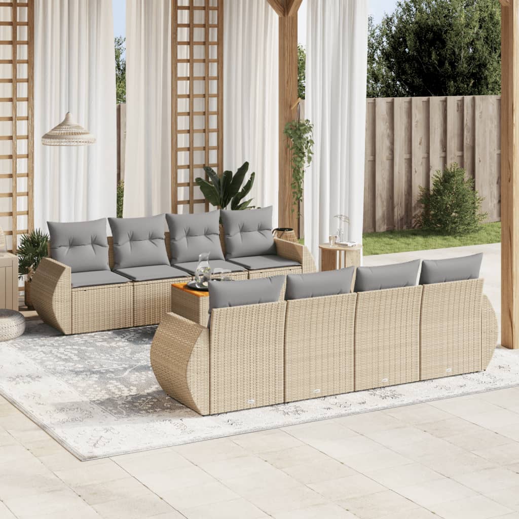 9-delige Loungeset met kussens poly rattan beige