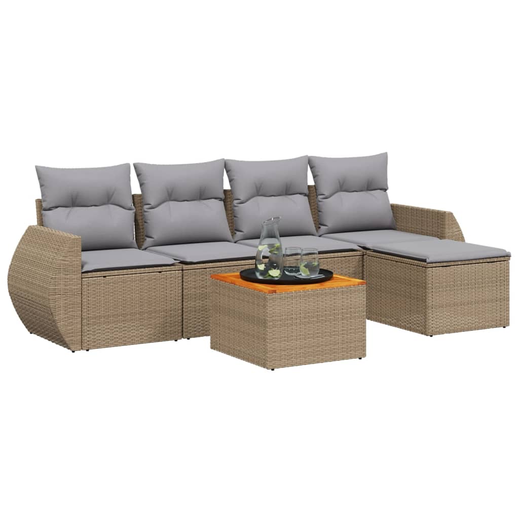 6-delige Loungeset met kussens poly rattan beige