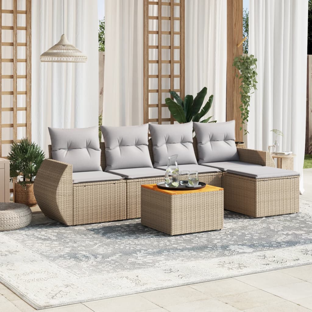 6-delige Loungeset met kussens poly rattan beige