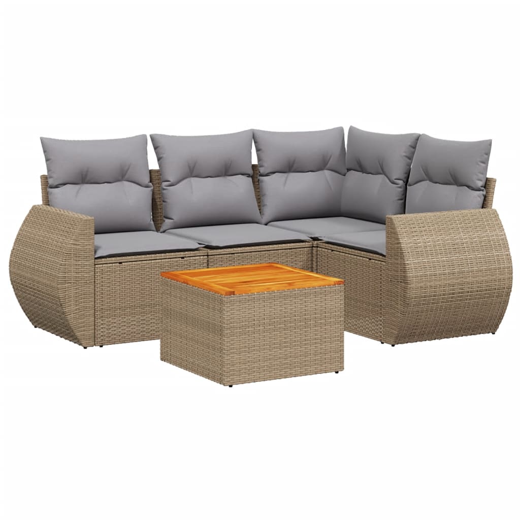 5-delige Loungeset met kussens poly rattan beige