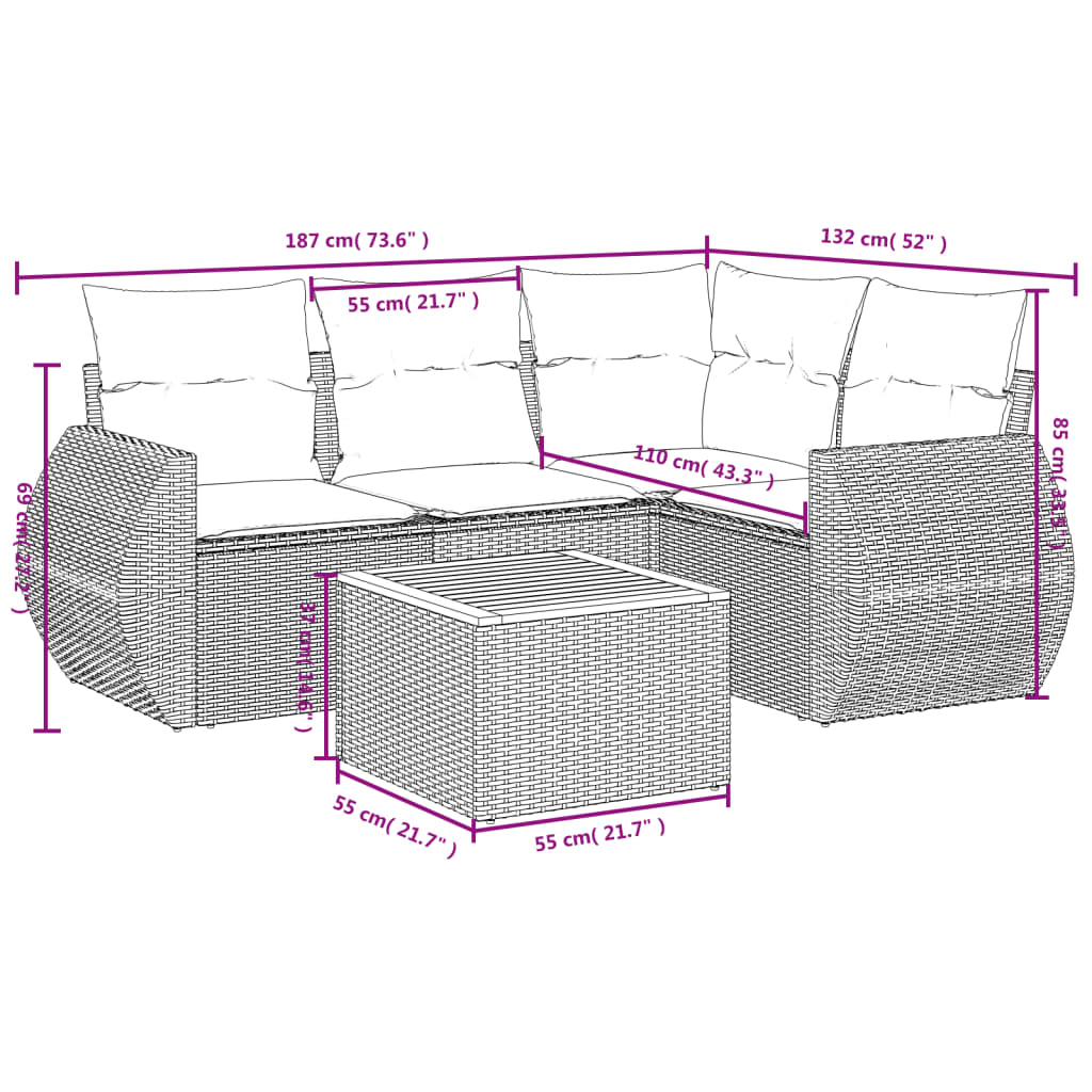 5-delige Loungeset met kussens poly rattan beige