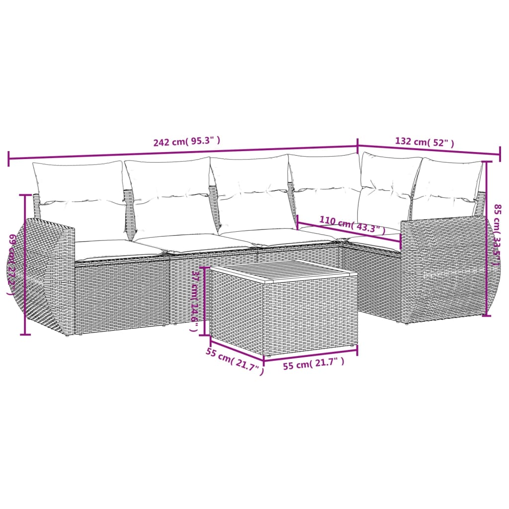 6-delige Loungeset met kussens poly rattan zwart Tuinsets | Creëer jouw Trendy Thuis | Gratis bezorgd & Retour | Trendy.nl