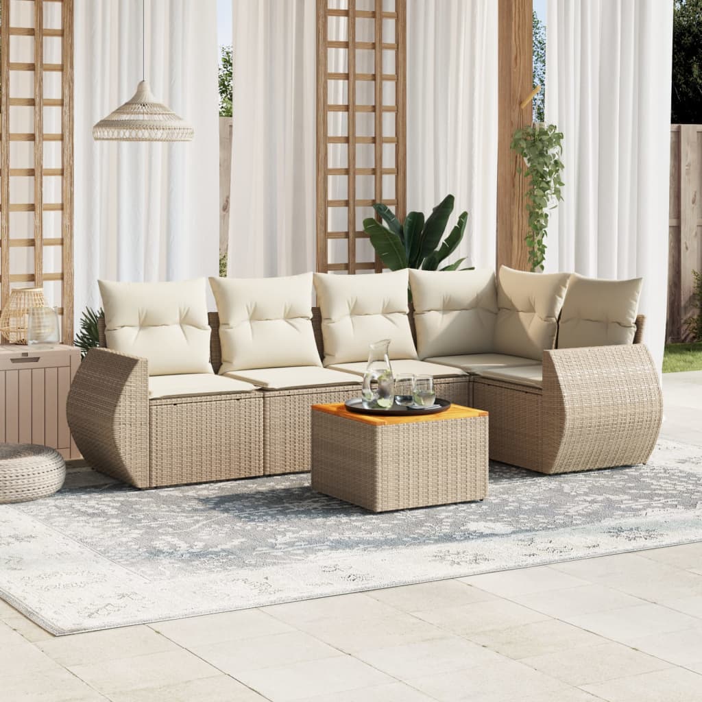 6-delige Loungeset met kussens poly rattan beige