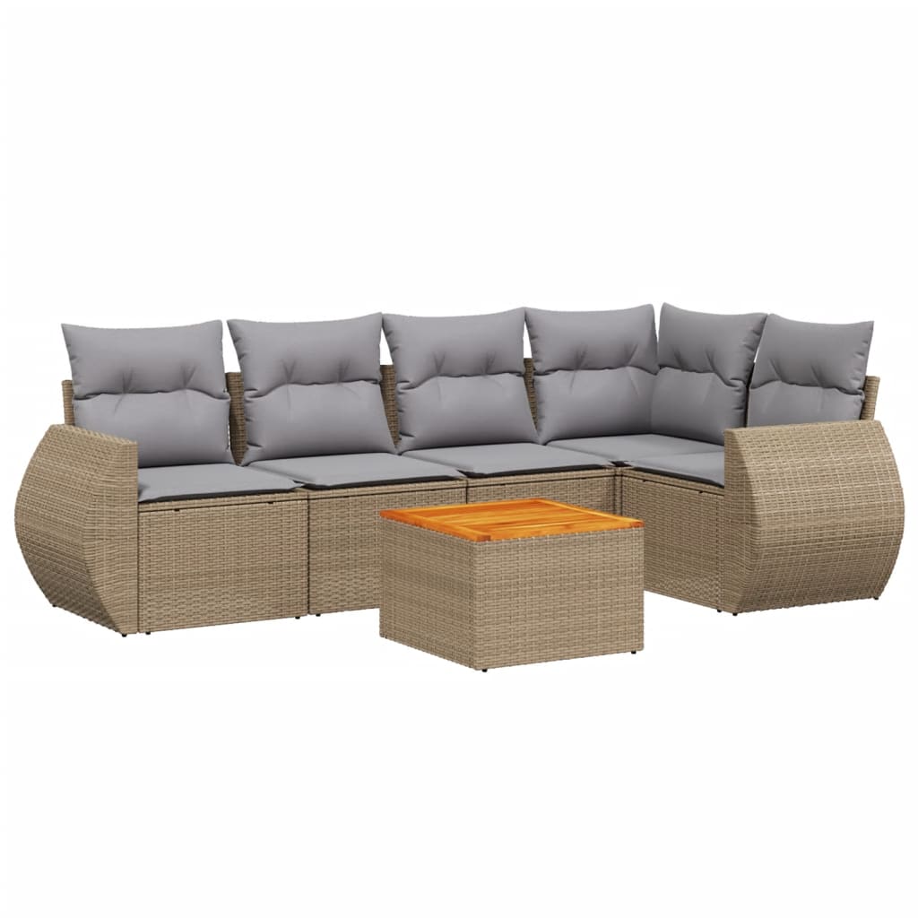 6-delige Loungeset met kussens poly rattan beige