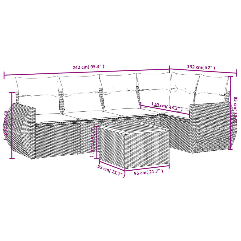 6-delige Loungeset met kussens poly rattan beige