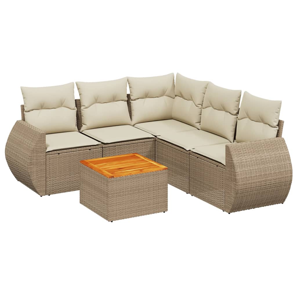 6-delige Loungeset met kussens poly rattan beige