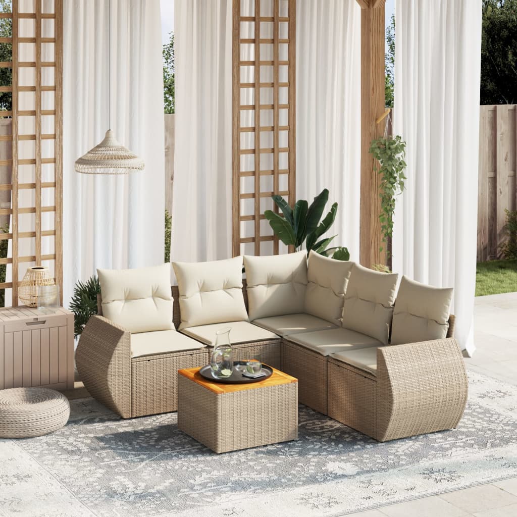 6-delige Loungeset met kussens poly rattan beige