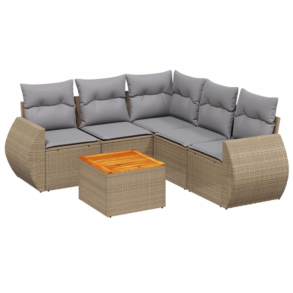 6-delige Loungeset met kussens poly rattan beige