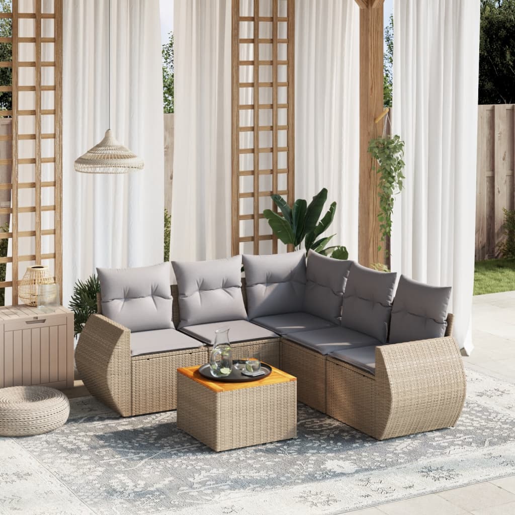 6-delige Loungeset met kussens poly rattan beige