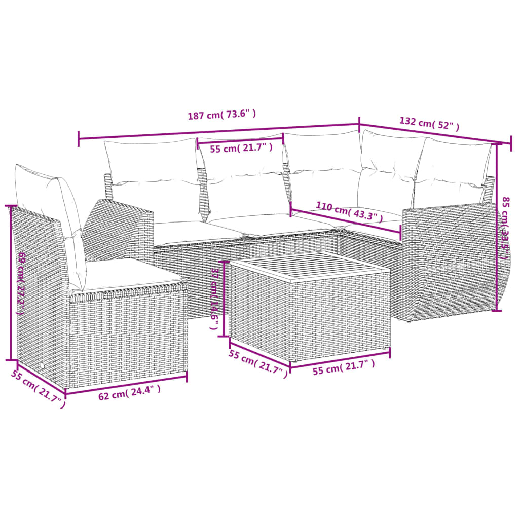 6-delige Loungeset met kussens poly rattan beige