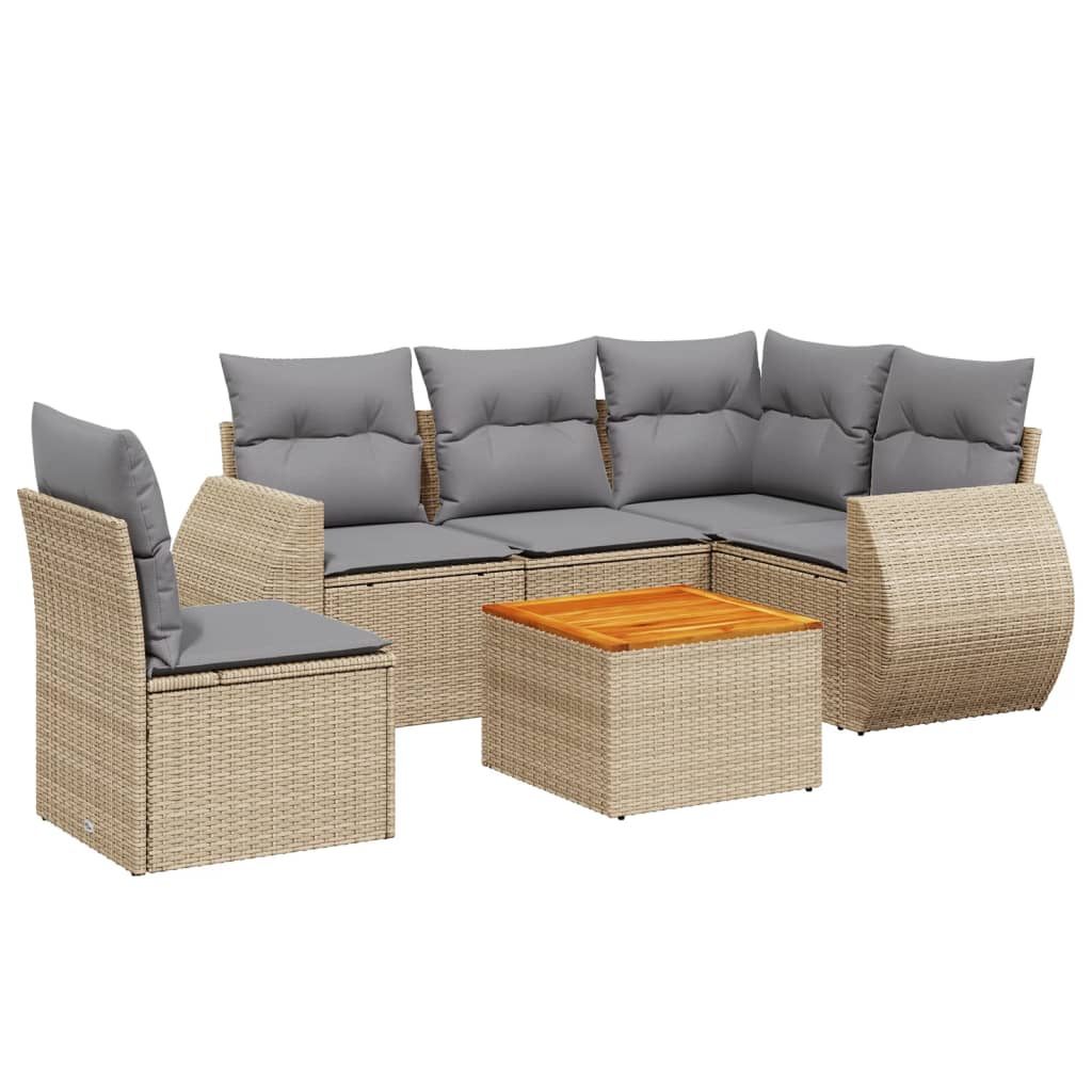 6-delige Loungeset met kussens poly rattan beige