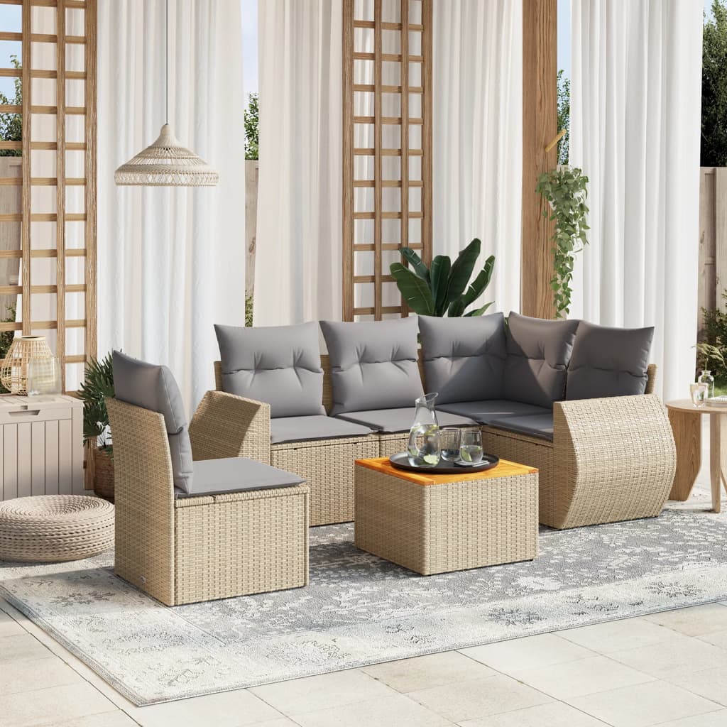 6-delige Loungeset met kussens poly rattan beige