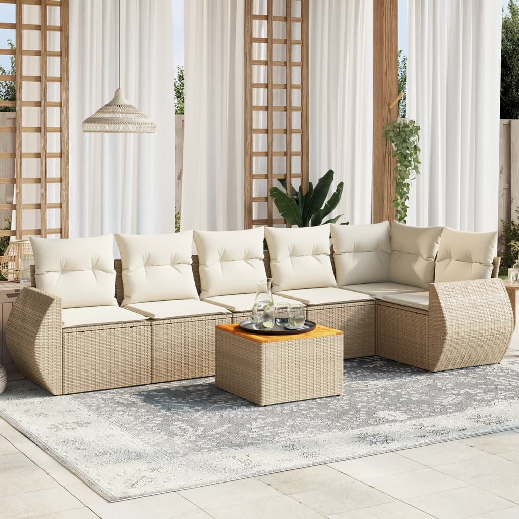 7-delige Loungeset met kussens poly rattan beige