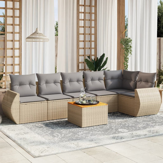 7-delige Loungeset met kussens poly rattan beige