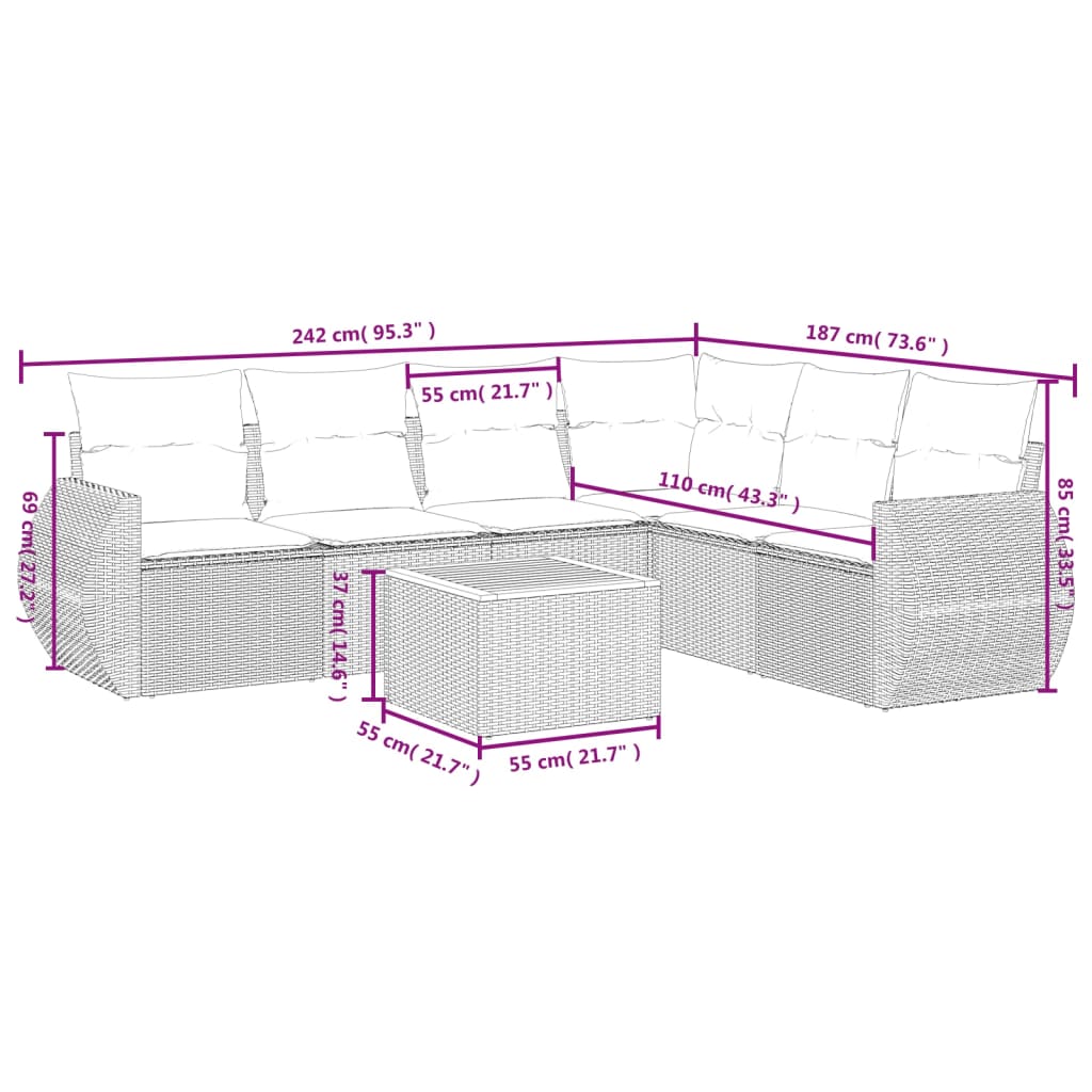 7-delige Loungeset met kussens poly rattan beige