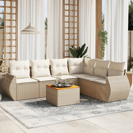 7-delige Loungeset met kussens poly rattan beige