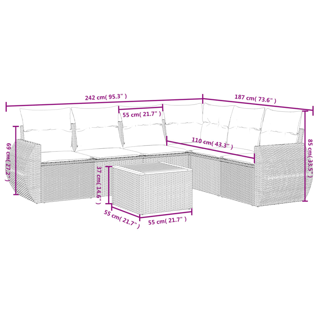 7-delige Loungeset met kussens poly rattan beige