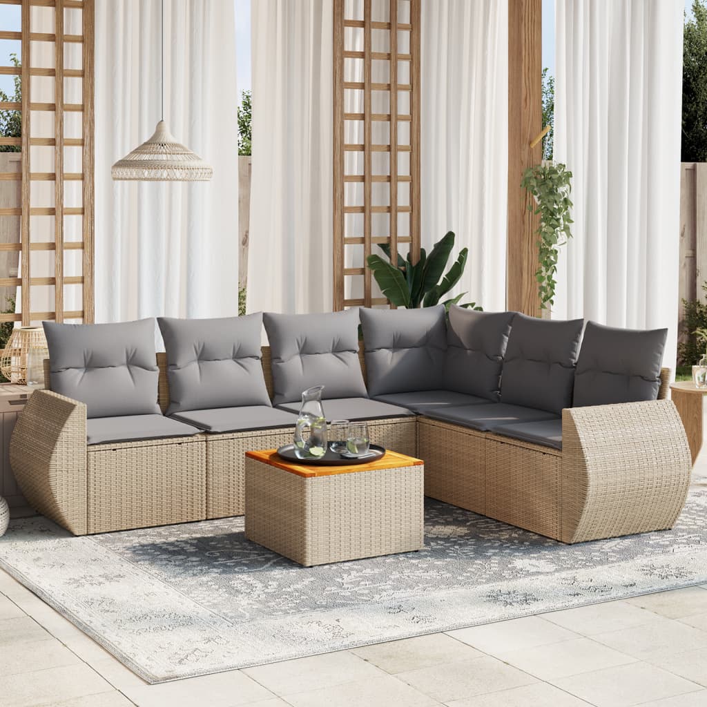 7-delige Loungeset met kussens poly rattan beige