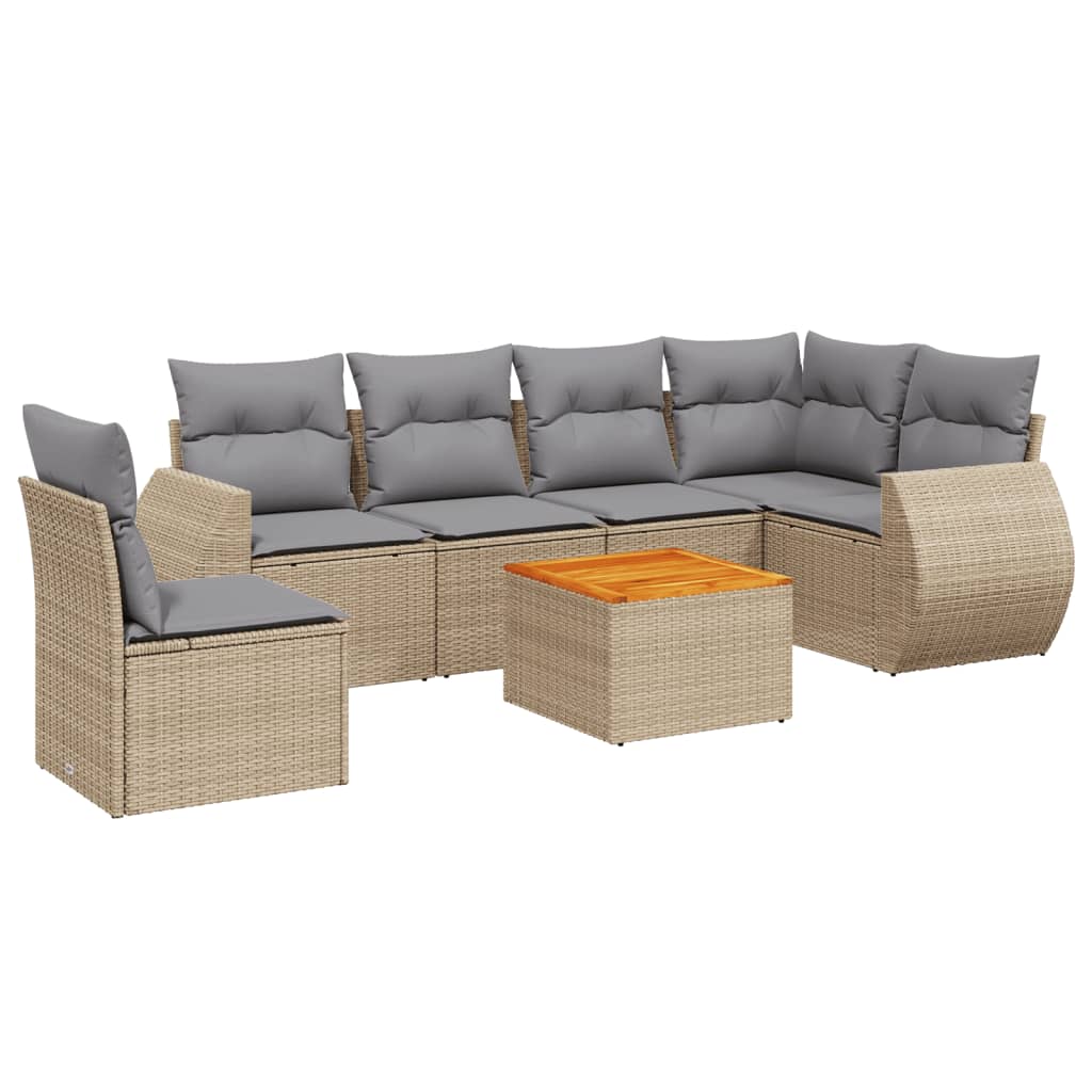 7-delige Loungeset met kussens poly rattan beige