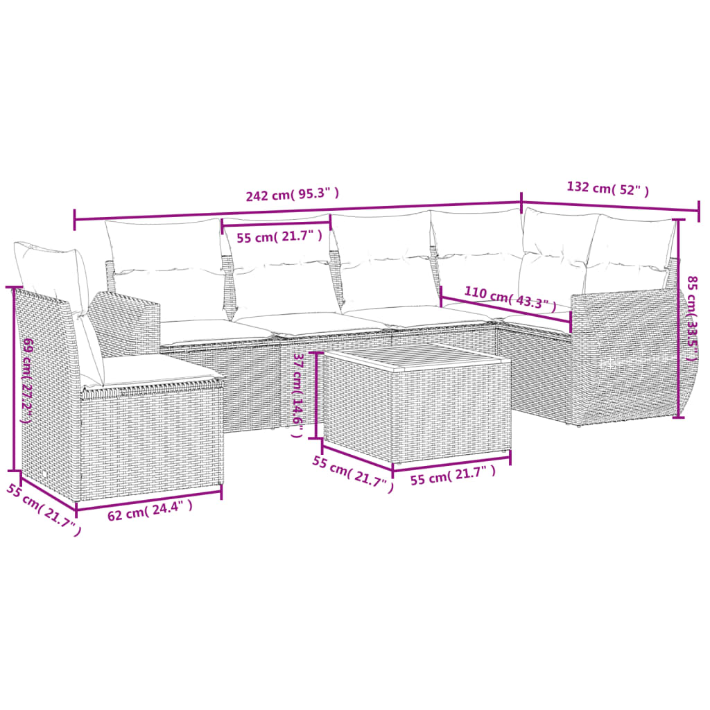 7-delige Loungeset met kussens poly rattan beige