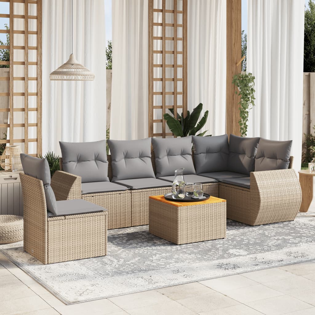 7-delige Loungeset met kussens poly rattan beige