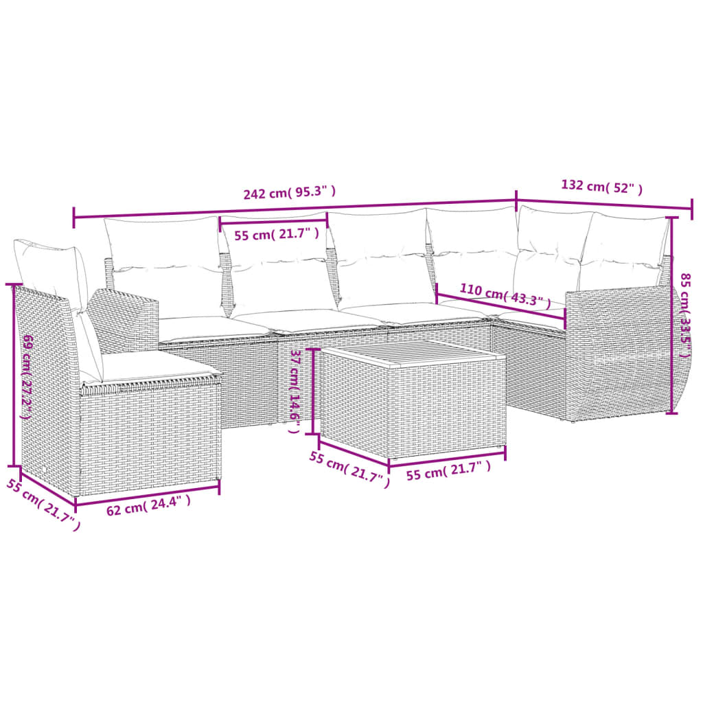 7-delige Loungeset met kussens poly rattan grijs