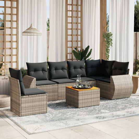 7-delige Loungeset met kussens poly rattan grijs