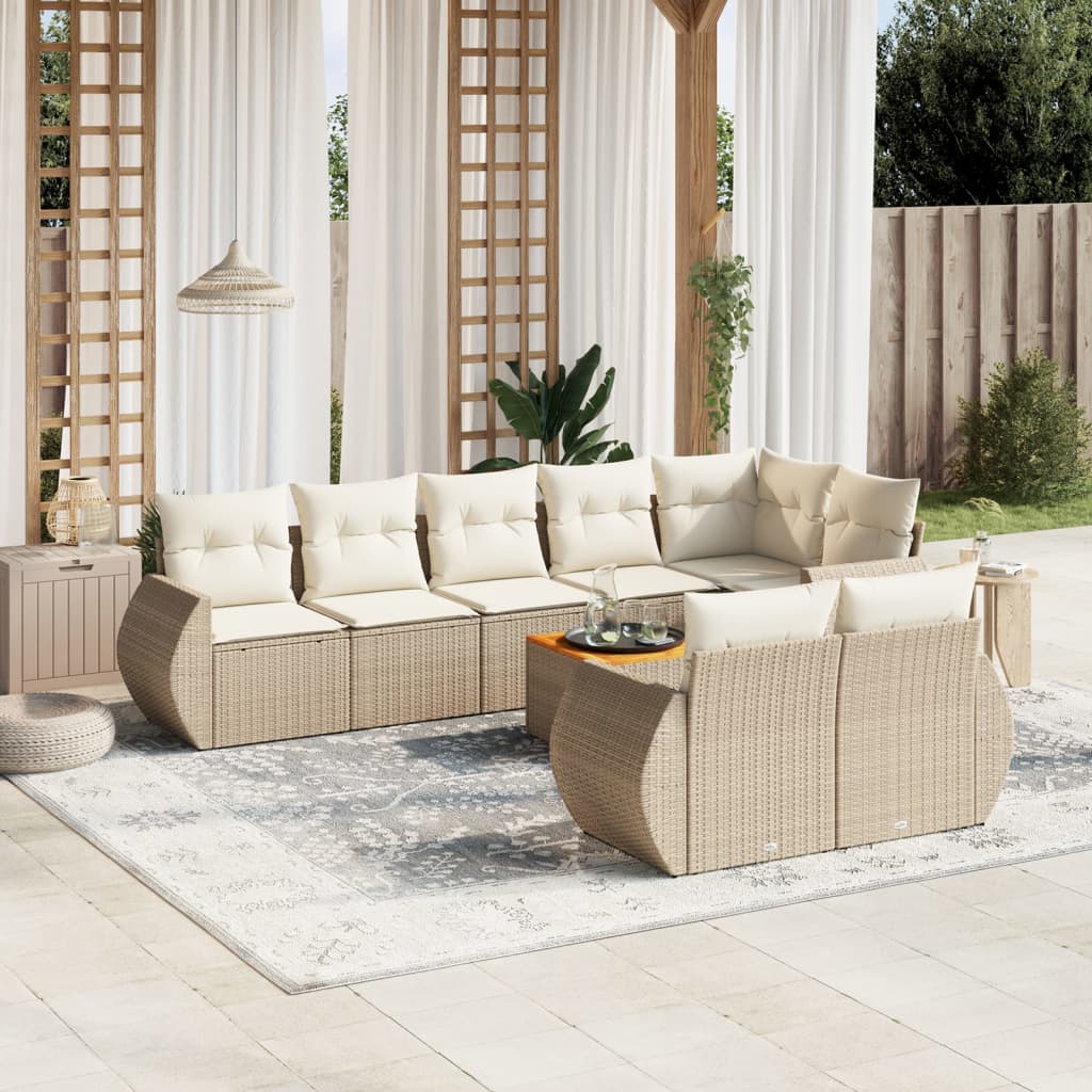 9-delige Loungeset met kussens poly rattan beige