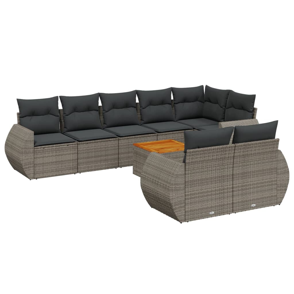 9-delige Loungeset met kussens poly rattan grijs