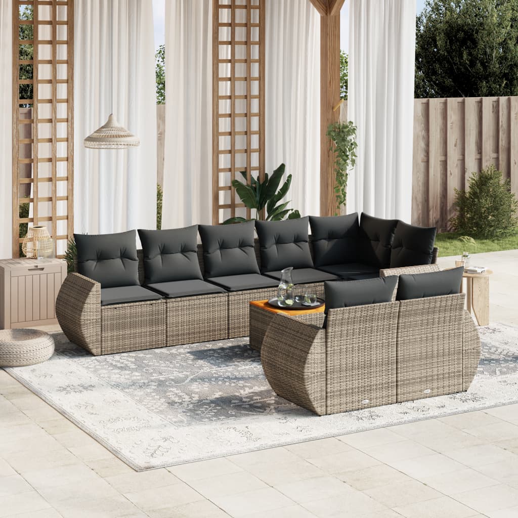 9-delige Loungeset met kussens poly rattan grijs