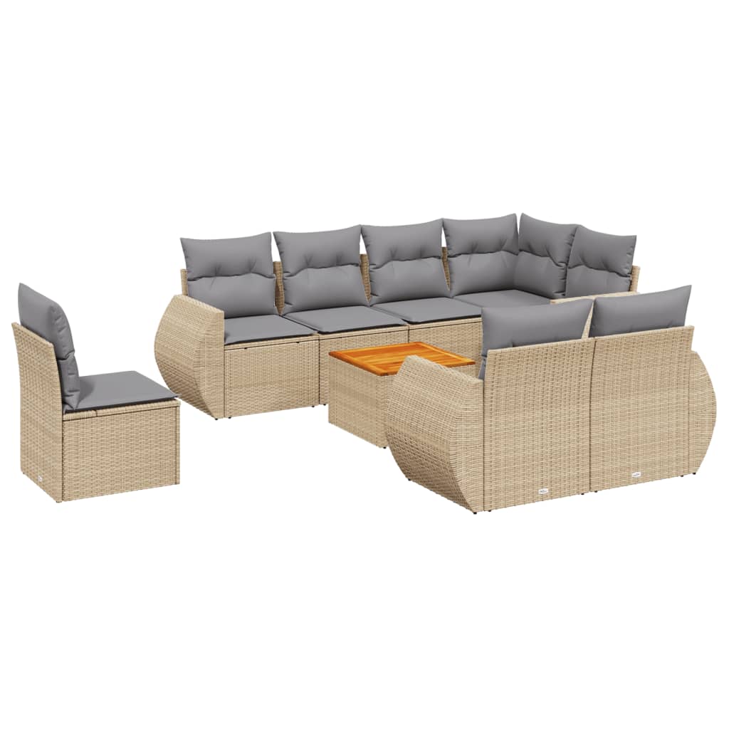 9-delige Loungeset met kussens poly rattan beige