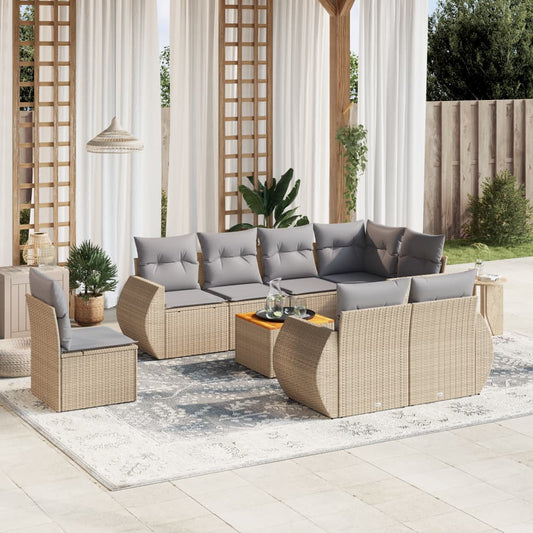 9-delige Loungeset met kussens poly rattan beige