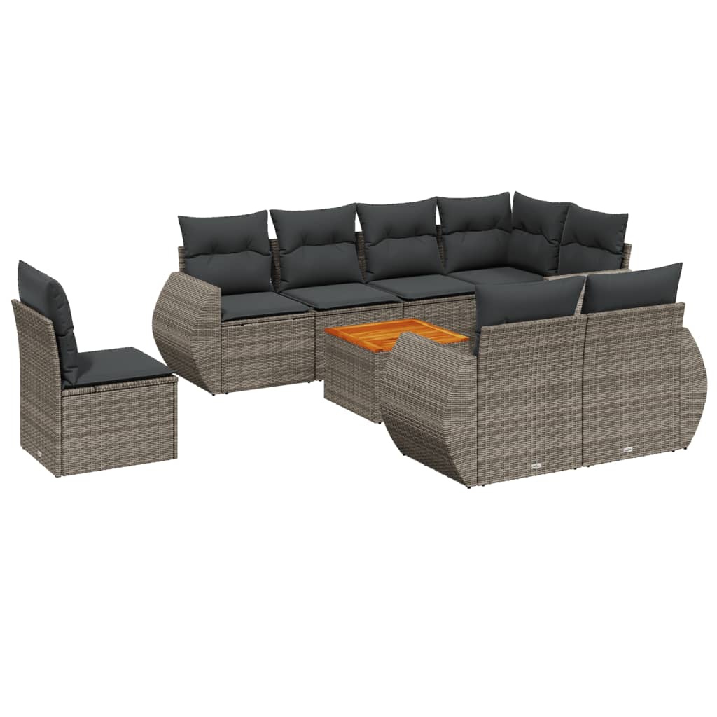 9-delige Loungeset met kussens poly rattan grijs