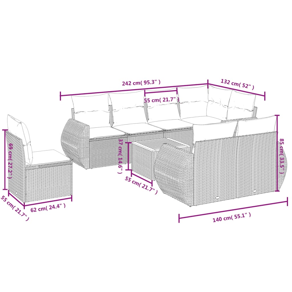 9-delige Loungeset met kussens poly rattan grijs