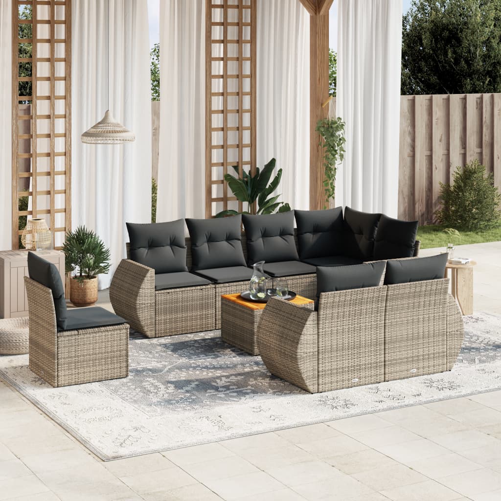 9-delige Loungeset met kussens poly rattan grijs