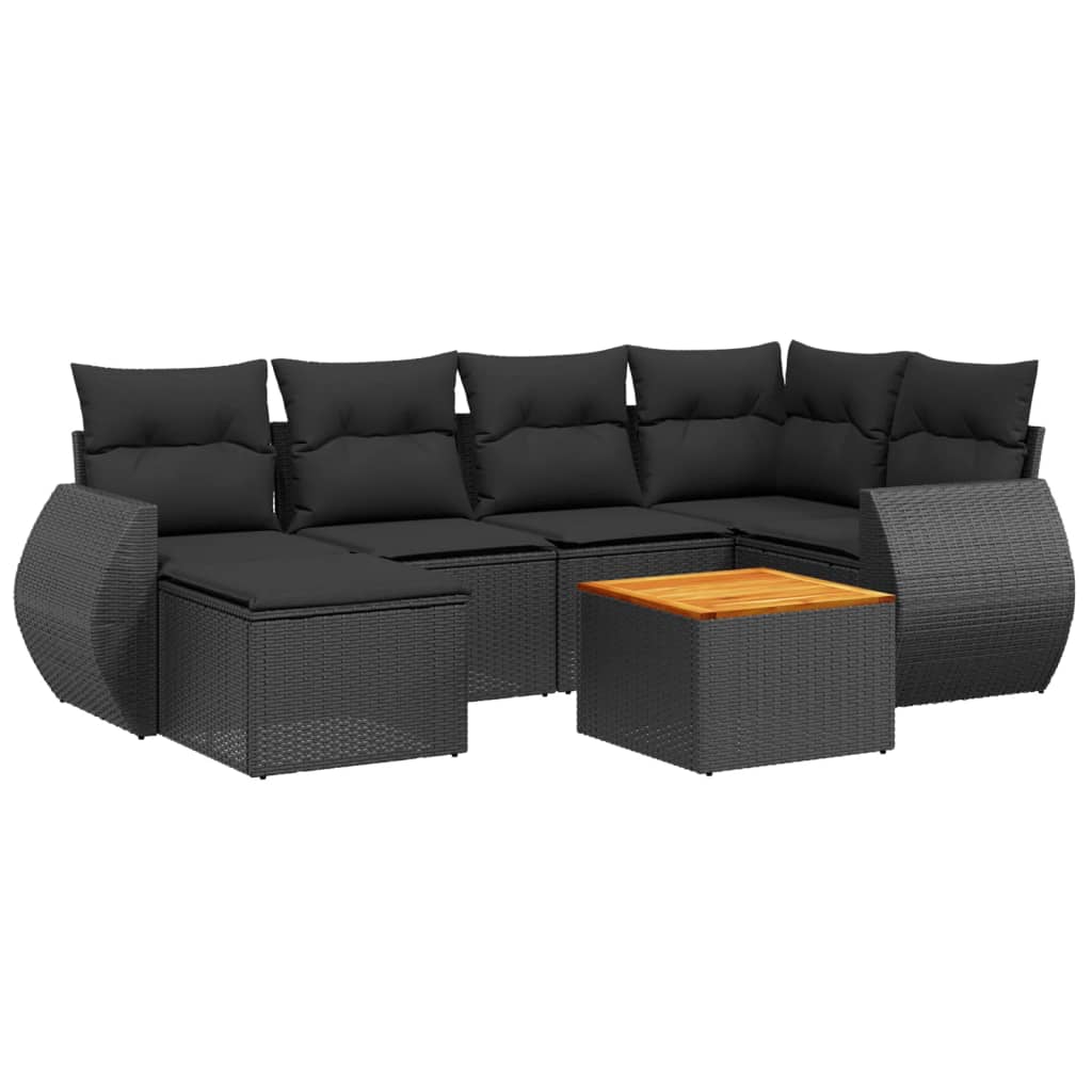 7-delige Loungeset met kussens poly rattan zwart