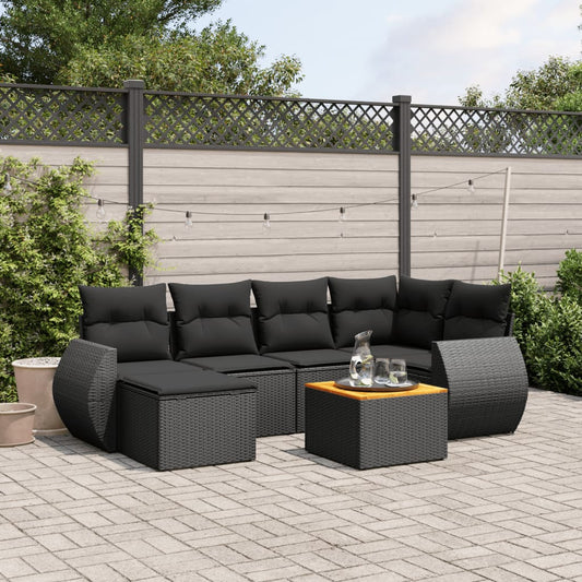 7-delige Loungeset met kussens poly rattan zwart