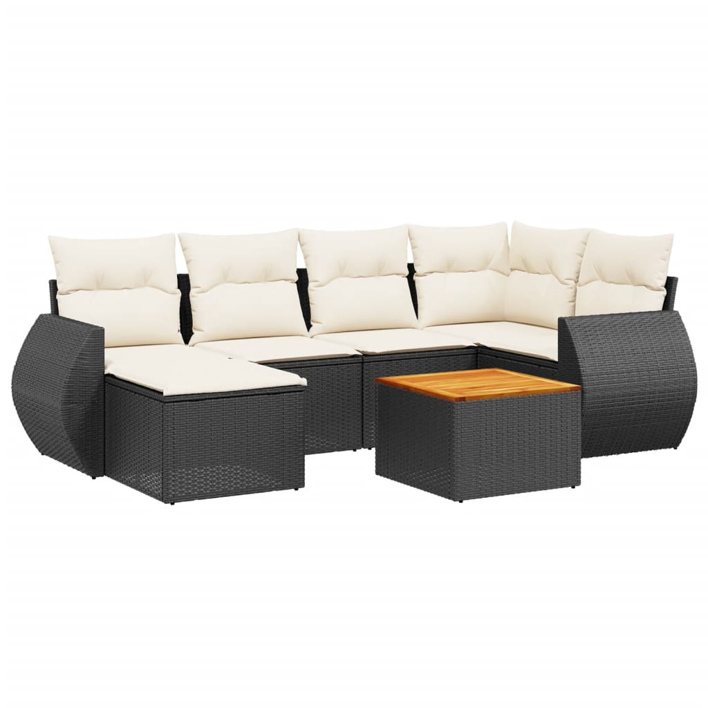 7-delige Loungeset met kussens poly rattan zwart