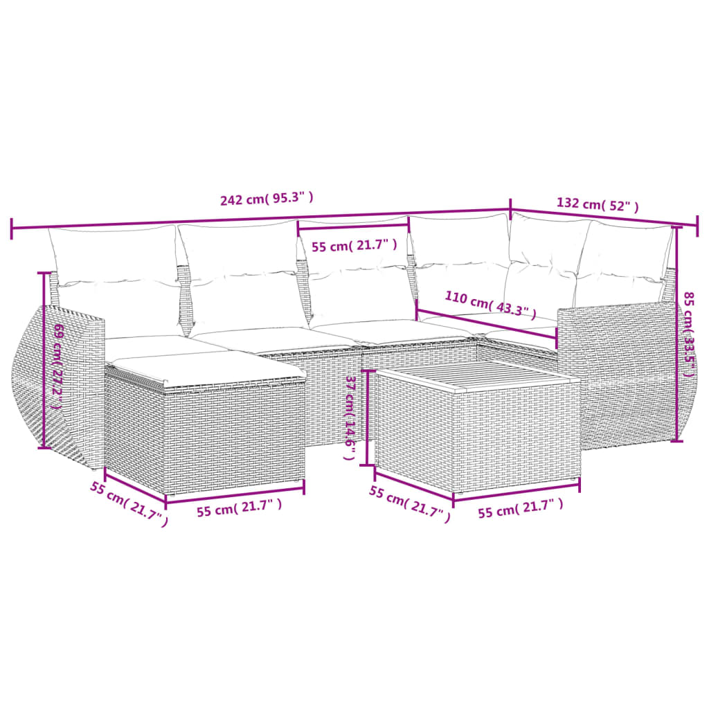 7-delige Loungeset met kussens poly rattan zwart