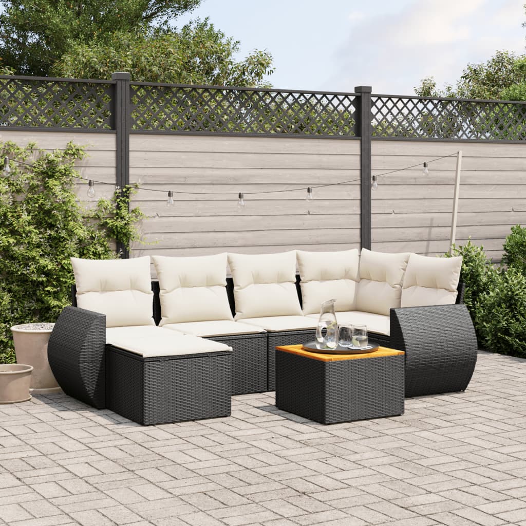 7-delige Loungeset met kussens poly rattan zwart