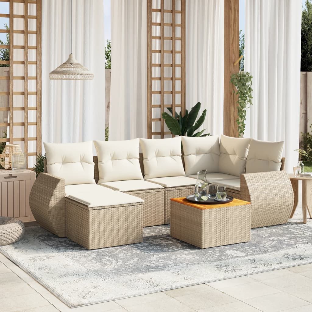 7-delige Loungeset met kussens poly rattan beige