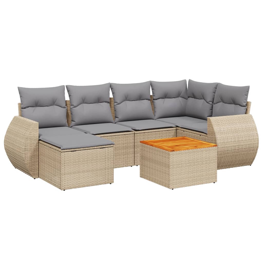 7-delige Loungeset met kussens poly rattan beige