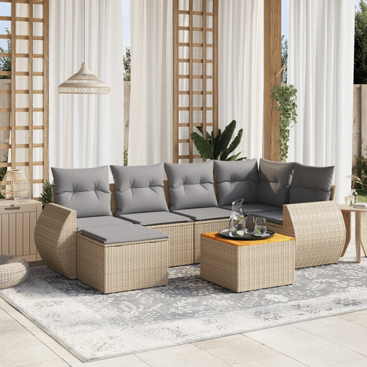 7-delige Loungeset met kussens poly rattan beige