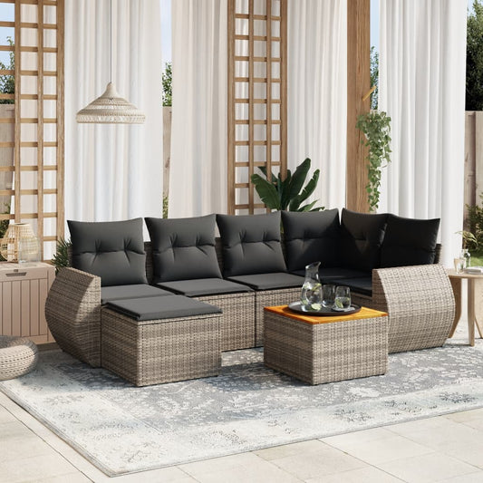 7-delige Loungeset met kussens poly rattan grijs