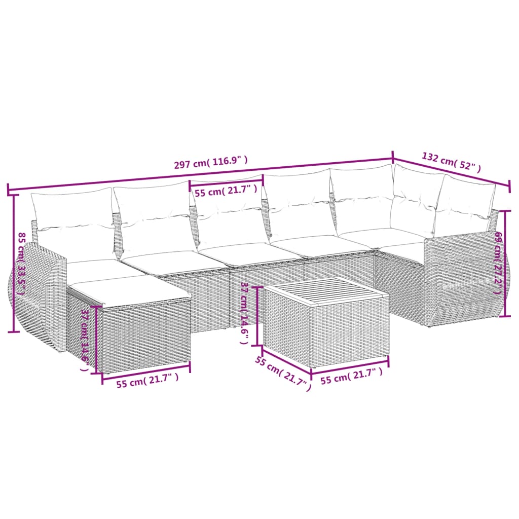 8-delige Loungeset met kussens poly rattan zwart