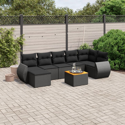 8-delige Loungeset met kussens poly rattan zwart