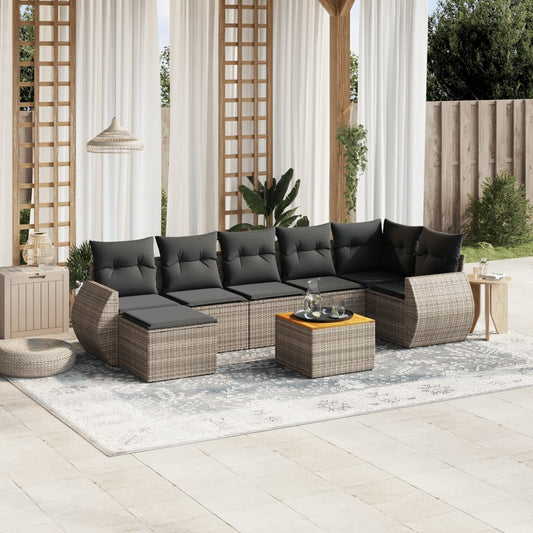 8-delige Loungeset met kussens poly rattan grijs