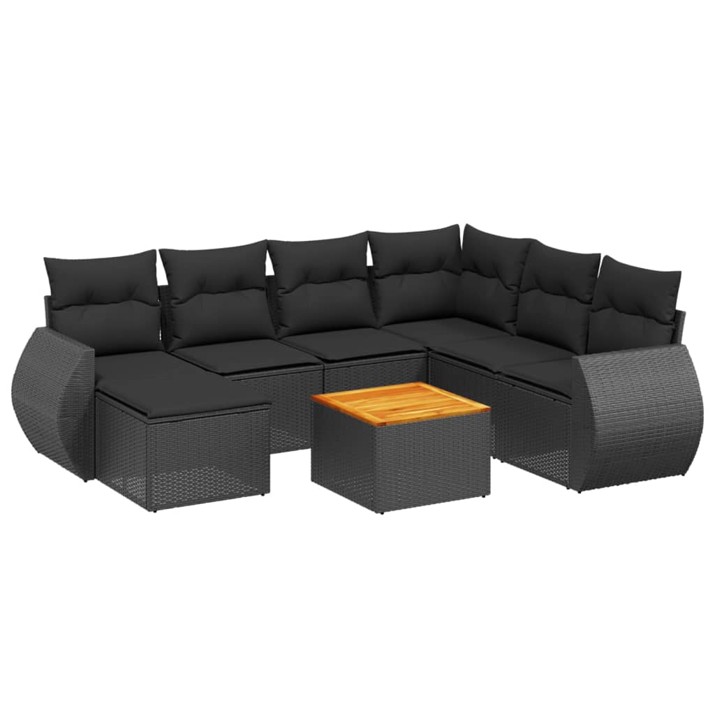 8-delige Loungeset met kussens poly rattan zwart