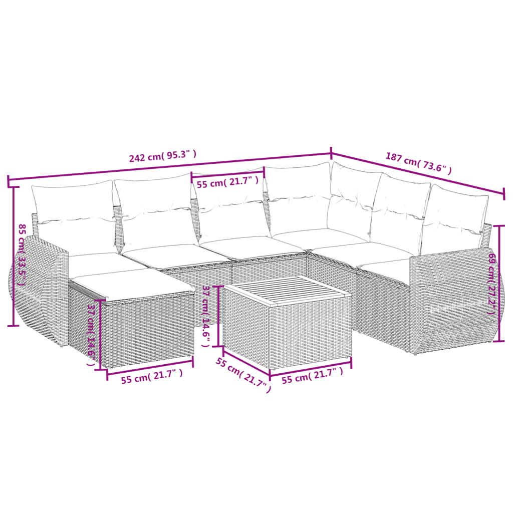 8-delige Loungeset met kussens poly rattan zwart